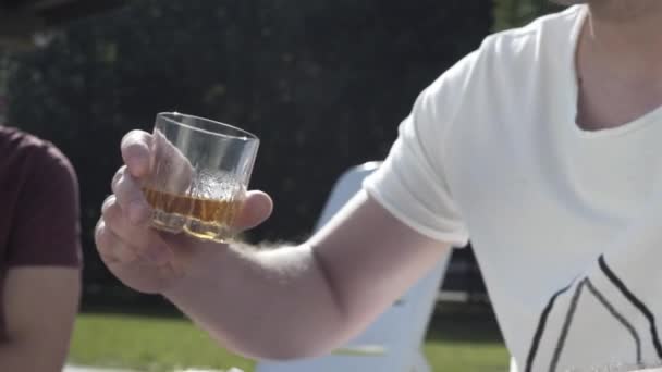 Dos Hombres Vacaciones Hablan Vida Beben Whisky — Vídeos de Stock