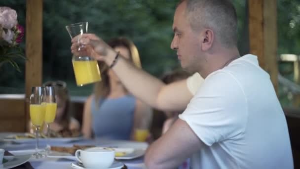 Family Having Dinner Summer Evening Laid Table Outdoors Gazebo Breakfast — Stock Video
