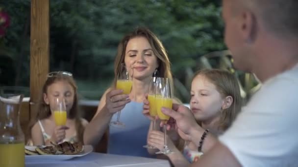 Family Having Dinner Summer Evening Laid Table Outdoors Gazebo Breakfast — Stock Video