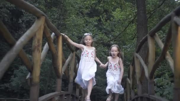 Szczęśliwe Dziewczyny Biegnące Wesołych Rodziców Przez Most Piękne Rodzinne Uściski — Wideo stockowe
