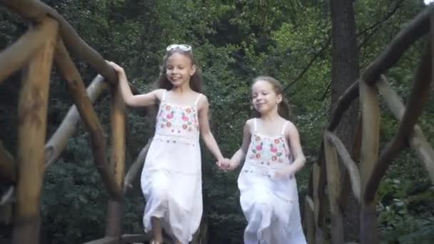 Gelukkige Meisjes Rennen Naar Haar Vrolijke Ouders Brug Mooie Familie — Stockvideo