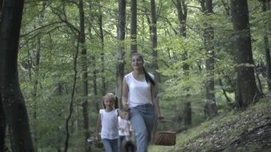 Ormanda Aile Yürüyüşü Macerası. Anne, baba ve kızlarının mutlu aileleri kozalaklı ormanda el ele yürüyorlar. Ebeveynler çocuklara güzel ağaçlar gösteriyor. Çocuklar mantar toplar.
