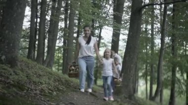 Ormanda Aile Yürüyüşü Macerası. Anne, baba ve kızlarının mutlu aileleri kozalaklı ormanda el ele yürüyorlar. Ebeveynler çocuklara güzel ağaçlar gösteriyor. Çocuklar mantar toplar.