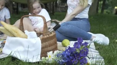 Mutlu aileler dışarıda çayırda piknik yapıyorlar. Ebeveynler ve çocuklar hafta sonları halk parkında eğleniyorlar. Pozitif ruh hali, ebeveynlik, çocukluk..