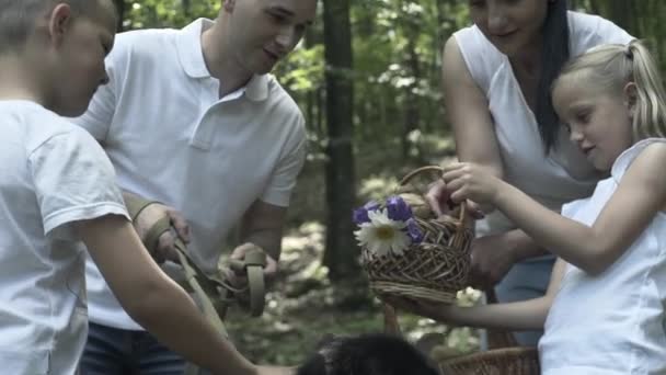Сім Пішохідних Пригод Через Ліс Щаслива Родина Матері Батька Дочок — стокове відео