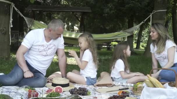 Happy Families Doing Picnic Outdoor Sitting Meadow Parents Children Having — Stock Video