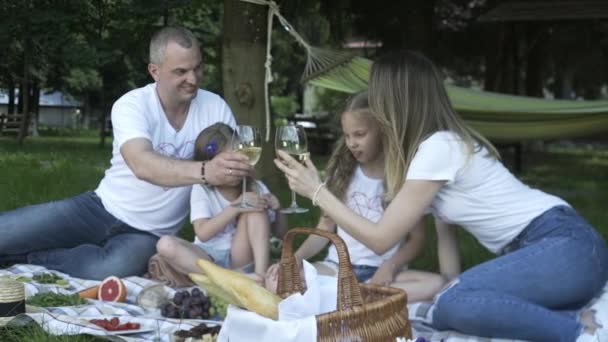 Familias Felices Haciendo Picnic Aire Libre Sentadas Prado Padres Hijos — Vídeo de stock