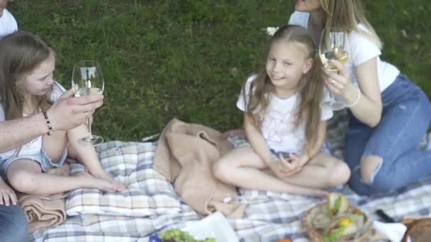 Щасливі Сім Роблять Пікнік Відкритому Повітрі Сидячи Лузі Батьки Діти — стокове відео