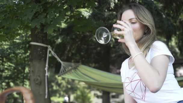 Дівчина Пікніку Вино Відпочиває Сім Щасливі Сім Роблять Пікнік Відкритому — стокове відео