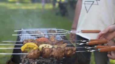 Çocuklar ızgarada barbekü, aile açık havada piknik, hayat hakkında iletişim, şarap