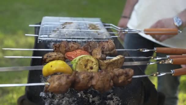 Jongens Bereiden Barbecue Grill Familie Buiten Picknick Communicatie Het Leven — Stockvideo