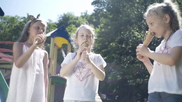 Les Enfants Dans Parc Mangent Glace Famille Détend Dans Nature — Video