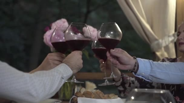 Grupo Amigos Disfrutando Juntos Una Cena Grupo Jóvenes Diviértete Restaurante — Vídeos de Stock