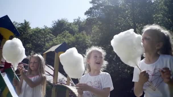 Mädchen Essen Zuckerwatte Auf Dem Spielplatz — Stockvideo