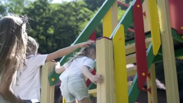 Girls Ride Swings Children Slides Carousels Playground — Stock Video