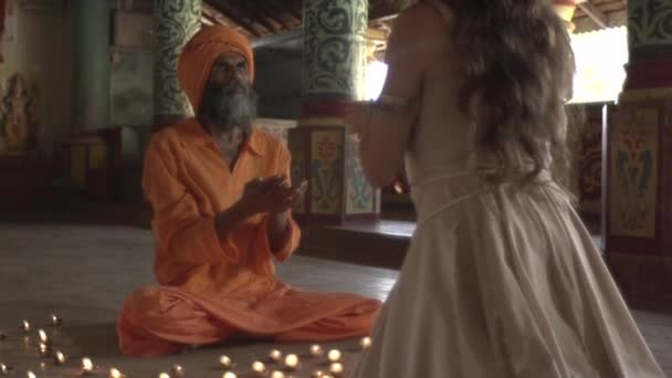 Monk Ancient Temple Lights Sacred Fire Priestess Brought Him Holy — Stock Video