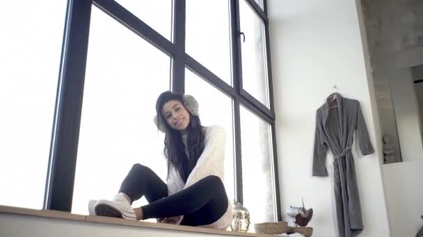 Sexy Girl Window Smiles Sweetly Romantic Recalls Wonderful Moments Life — Stock Video