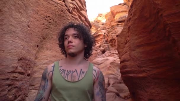 男は峡谷を歩き カメラの前でポーズをとって グランドキャニオン — ストック動画