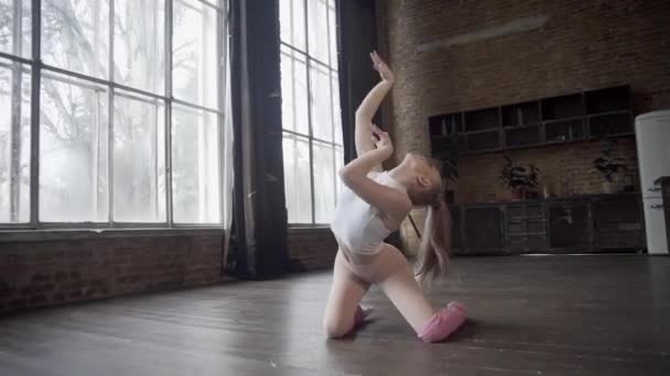 Meisje Een Loft Studio Toont Oefeningen Met Ritmische Gymnastiek — Stockvideo