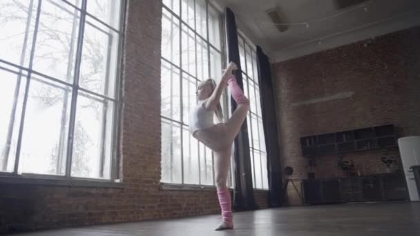 Fille Dans Studio Loft Montre Des Exercices Avec Gymnastique Rythmique — Video