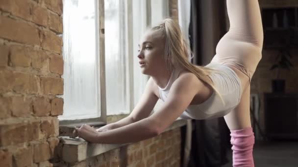 Girl Loft Studio Shows Exercises Rhythmic Gymnastics — Stock Video