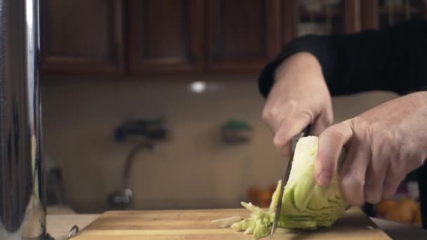 Man Cuts Cabbage Knife Board — Stock Video