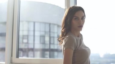 Günbatımında seksi bir manken panoramik pencerelerle evinde poz veriyor. Duygu dolu akşam havası sakin, şehir ve Dinyeper nehri dışında..