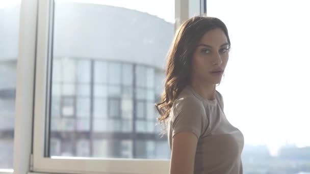 Sexy Modelka Pózuje Při Západu Slunce Svém Bytě Panoramatickými Okny — Stock video