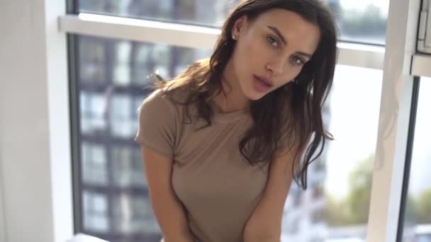 Modelo Sexy Posa Pôr Sol Seu Apartamento Com Janelas Panorâmicas — Vídeo de Stock