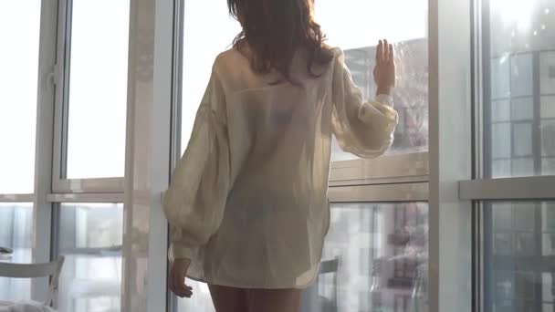 パノラマの窓のある彼女のアパートの日没時にセクシーなモデルがポーズ 感情の夜の気分は 街やドニエプル川の外で穏やかな — ストック動画