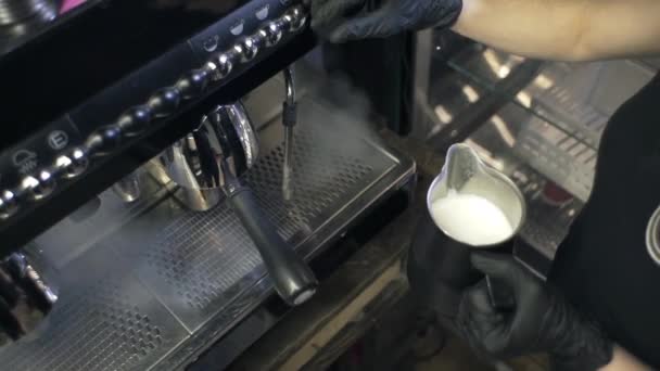 Ragazza Lavora Bar Ristorante Prepara Caffè Cappuccino Latte Espresso Visitatori — Video Stock