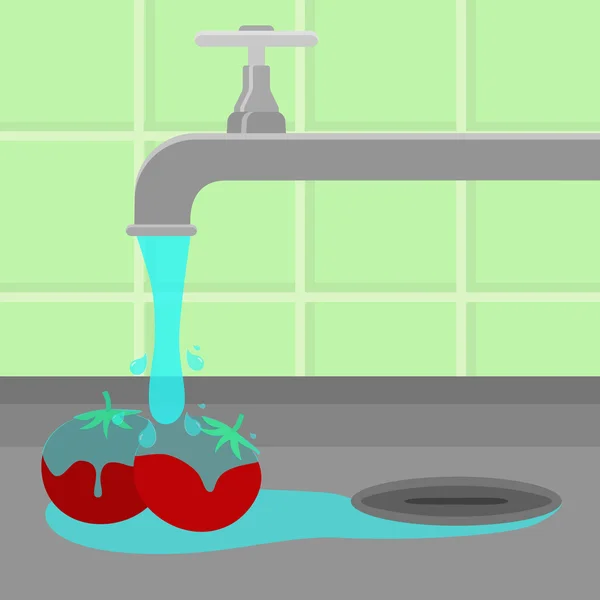 Grifo lavando tomate — Vector de stock