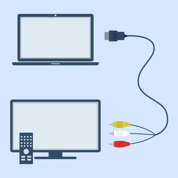 Laptop and TV with RCA and HDMI cable — Stock Vector