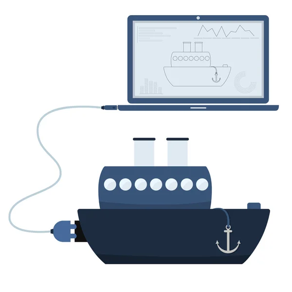 Automação de navios usando laptop — Vetor de Stock