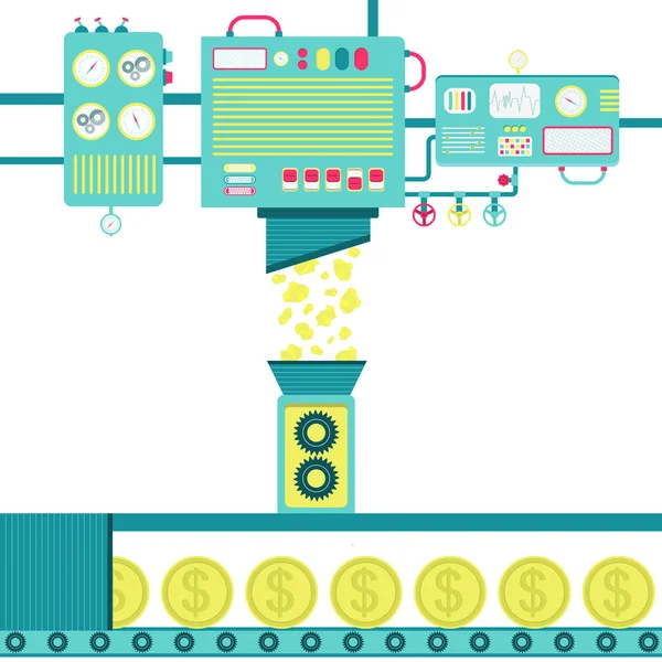 Guld Omvandlas Till Mynt Maskiner Bearbetning Guldklimpar Och Förvandlas Till — Stock vektor