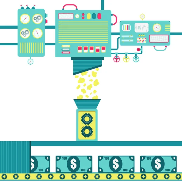 Guld Omvandlas Till Pengar Maskiner Bearbetning Guldklimpar Och Förvandlas Till — Stock vektor
