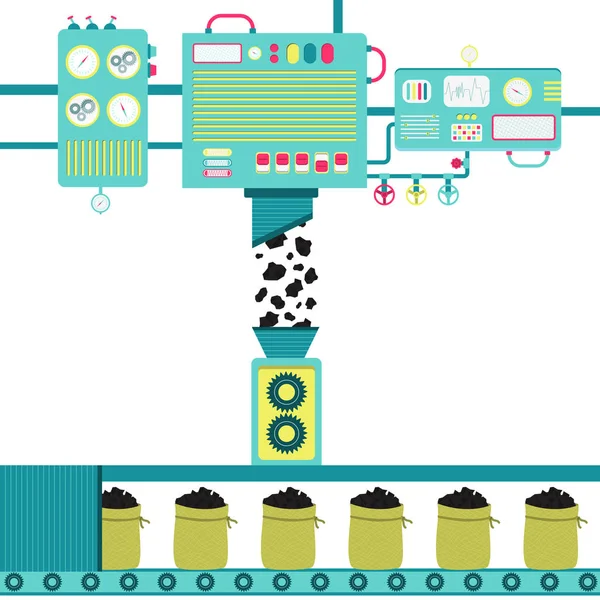 Förädling Råolja Kol Maskiner Bearbetning Kol Och Packa Det Påse — Stock vektor