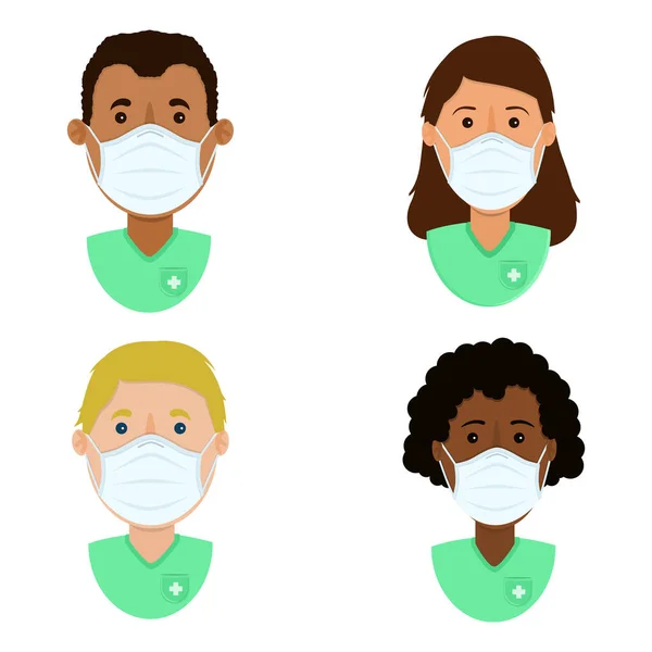 一组带外科口罩的保健专业人员提供保护 字符的族裔多样性 — 图库矢量图片