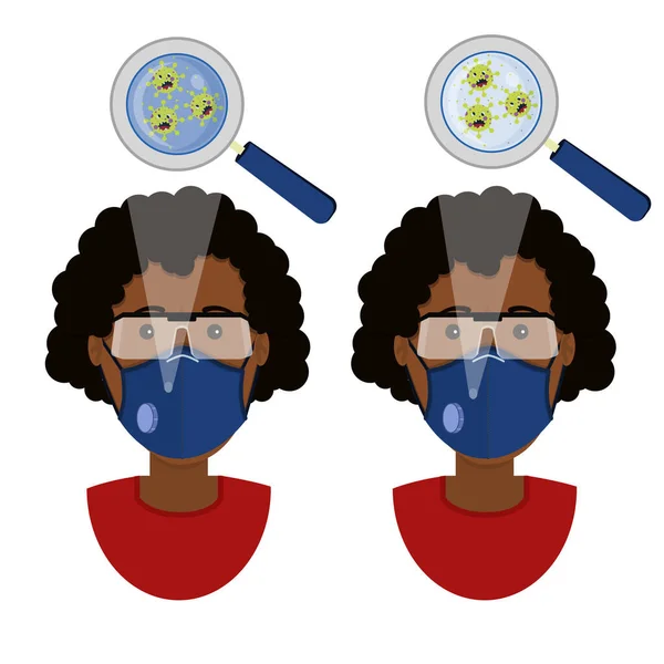 戴两种口罩 外科口罩和N95呼吸器 的非洲妇女感染了愤怒的卡通病毒 — 图库矢量图片