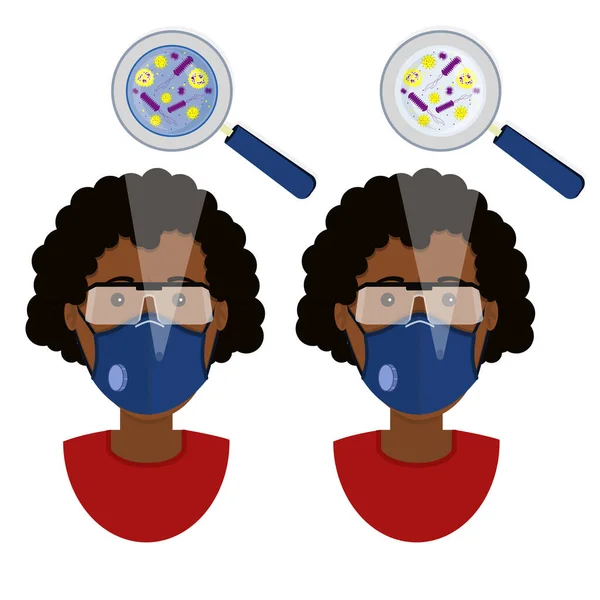 戴两种面罩 外科口罩和N95呼吸器 的非洲妇女被微生物污染 — 图库矢量图片