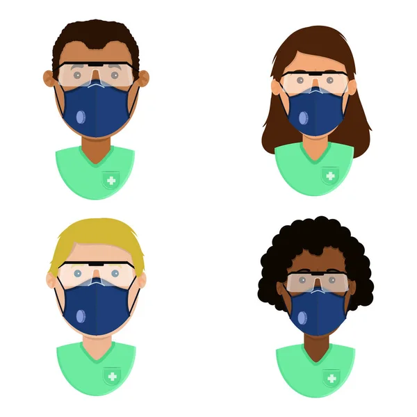 一组健康专业人员与外科口罩N95和医疗安全眼镜的保护 字符的族裔多样性 — 图库矢量图片