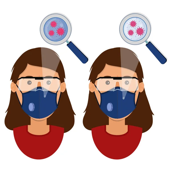 携带两种口罩 外科口罩和N95呼吸器 的白人妇女感染了病毒 — 图库矢量图片