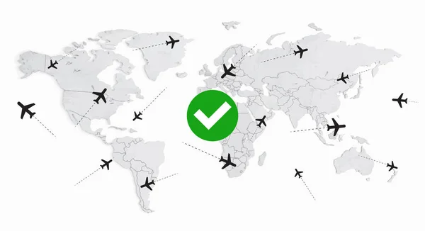 World map on a white wall with green check mark icon. Flights allowed after COVID19. Geographical world map for travelers  with 5 continents. Europe, America, Africa, Australia and Asia.