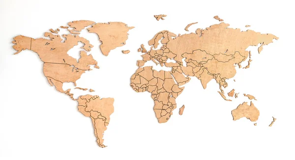 Mappa Del Mondo Legno Una Parete Bianca Con Continenti Europa — Foto Stock