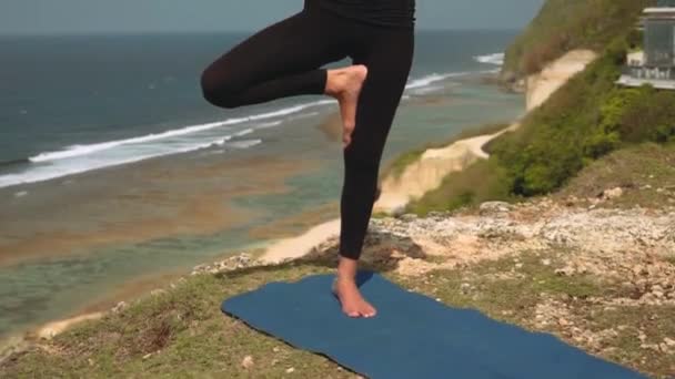 Nő a fa jóga póz szélén a szikla, tilt megjelöl — Stock videók