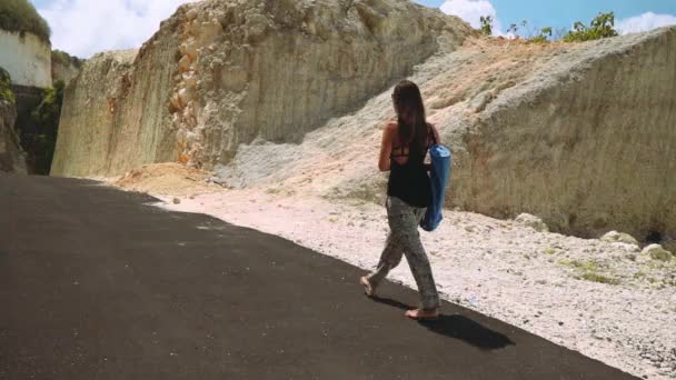 Beautiful woman walking with bag in canyon — Stock Video