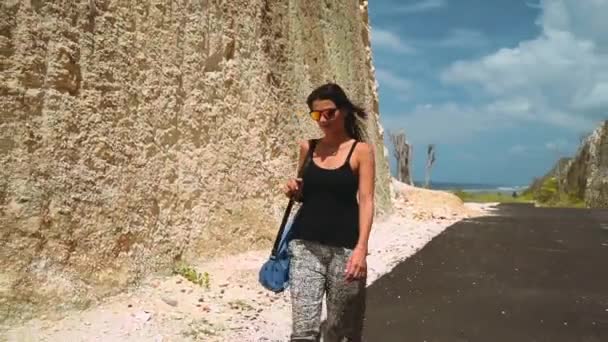 Hermosa mujer caminando con bolsa en cañón — Vídeos de Stock