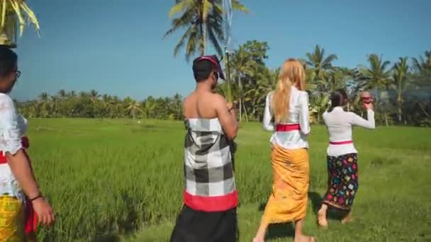 Procesión balinesa recorriendo arrozales con ofrendas — Vídeo de stock