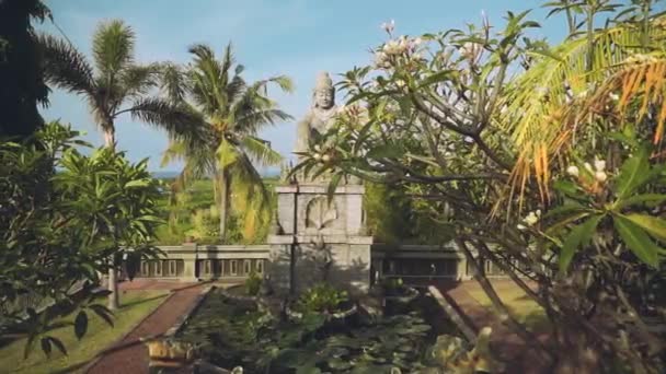 Stone hindoe standbeeld beeld achter frangipani boom — Stockvideo
