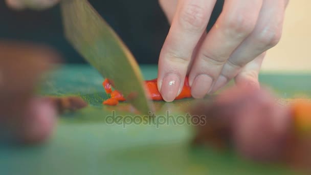 Close up of caucasian woman hands cutting pepper — Stock Video